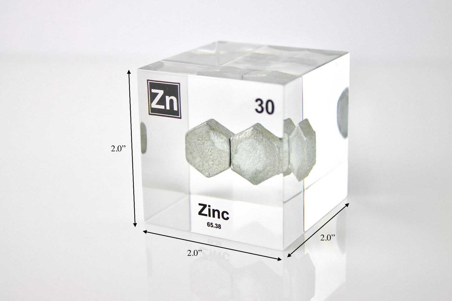 Zinc Element Cube - 2" Acrylic Display - Atomic Number 30