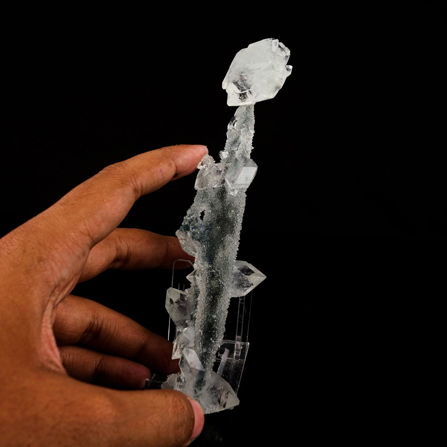 Apophyllite Crystals on Sparkling MM Quartz Stalactite Natural Mineral Specimen # B 6079