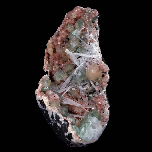 Green Apophyllite with Scolecite Sprays on Stilbite Natural Mineral Specimen # B 4643