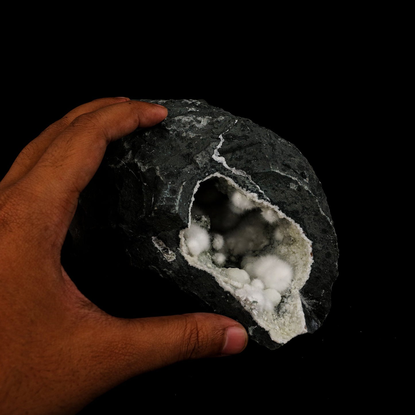 Okenite Big Puffballs Inside Chalcedony Geode Natural Mineral Specimen # B 6199
