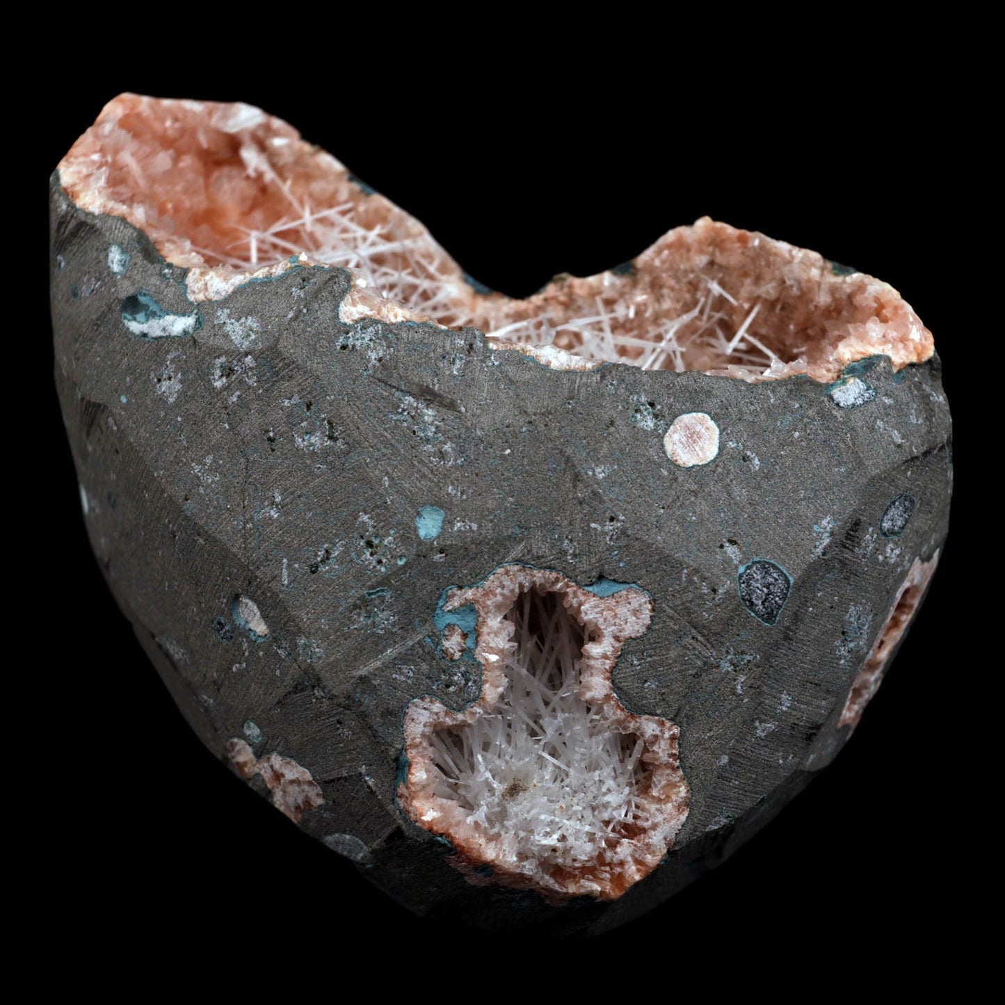Scolecite Accular Sprays Inside Heulandite Geode Natural Mineral Specimen # B 4901
