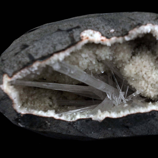 Scolecite Sprays Inside Geode Natural Mineral Specimen # B 4649