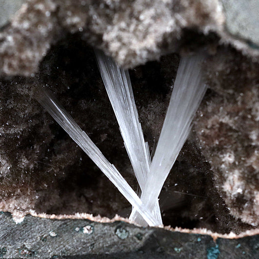 Scolecite Sprays Inside Geode Natural Mineral Specimen # B 4650