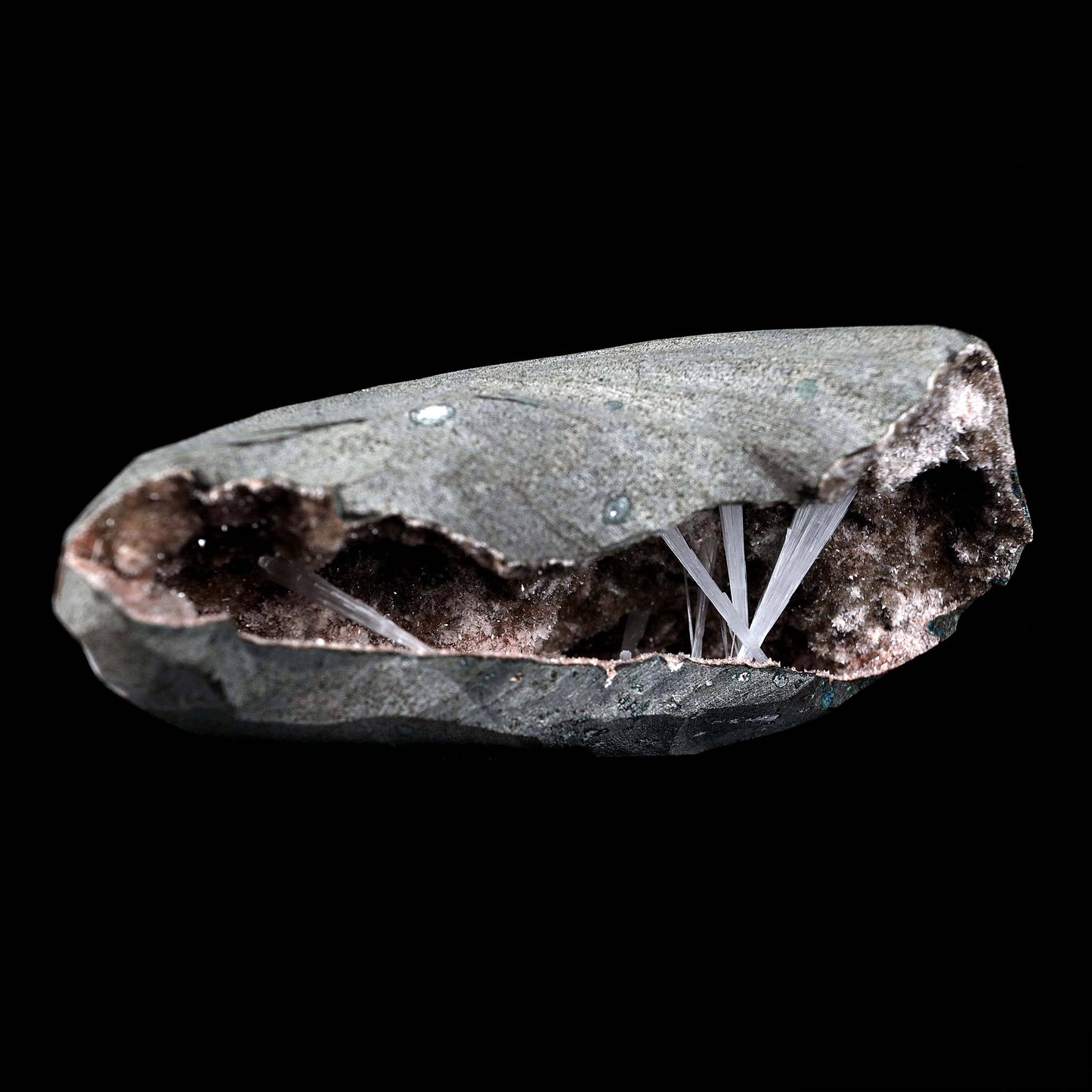 Scolecite Sprays Inside Geode Natural Mineral Specimen # B 4650
