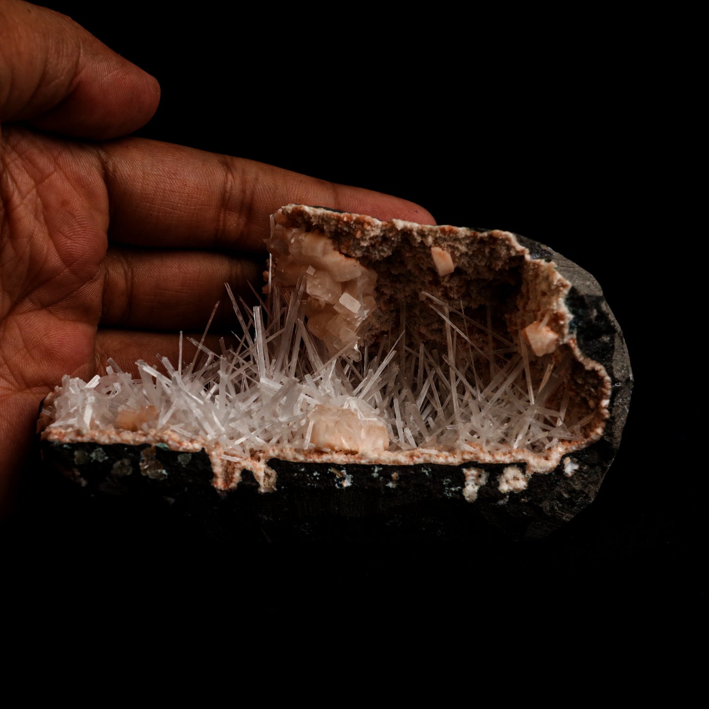 Scolecite Sprays Inside Heulandite Geode Natural Mineral Specimen # B 5059