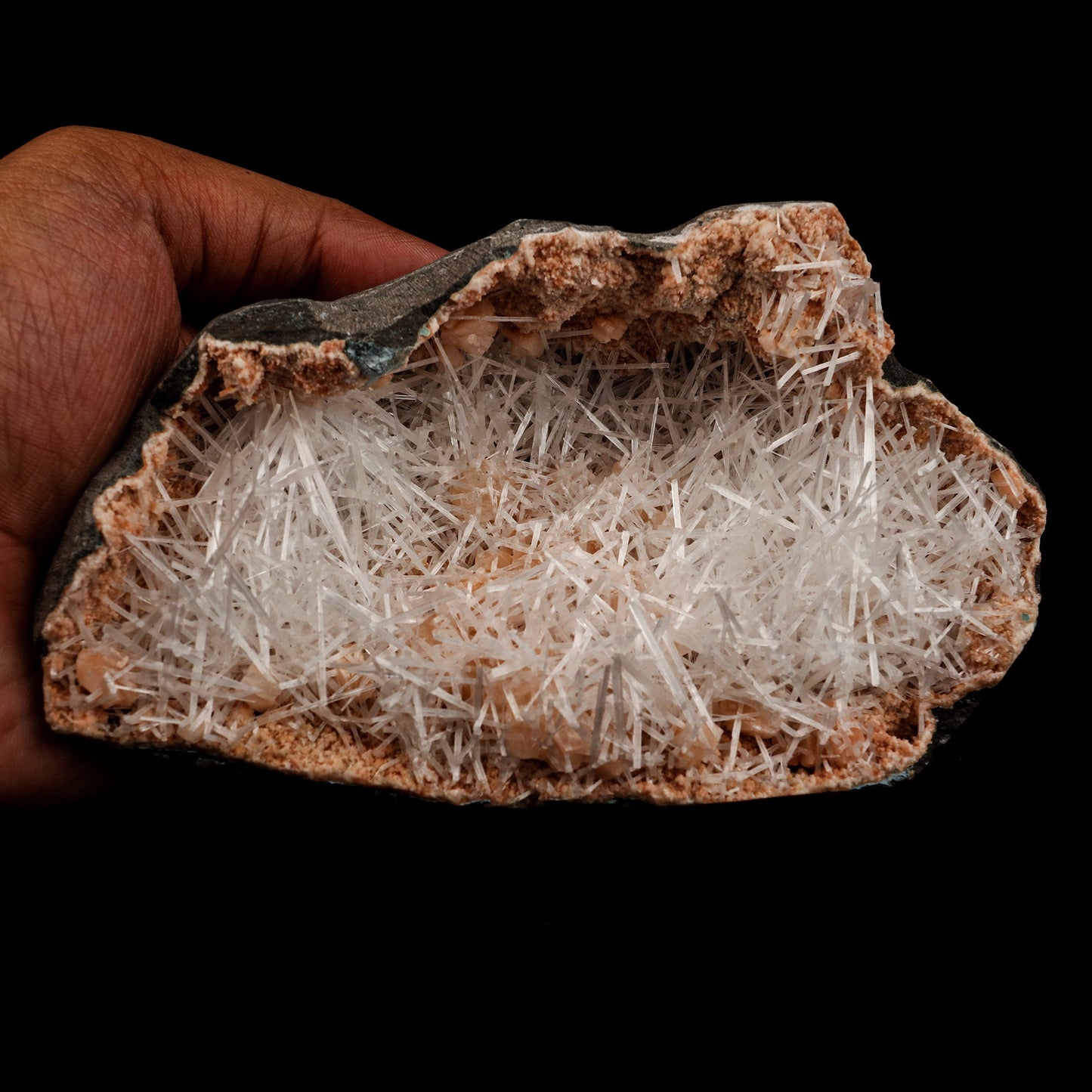 Scolecite Sprays Inside Heulandite Geode Natural Mineral Specimen # B 5071