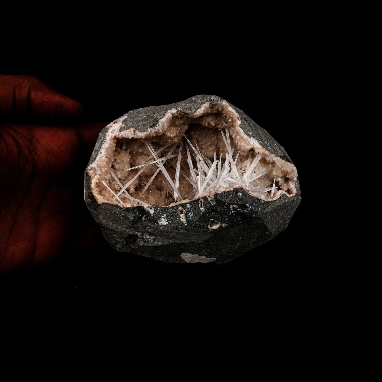 Scolecite Sprays Inside Heulandite Geode Natural Mineral Specimen # B 5264