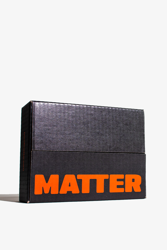 Black box with 'MATTER' in orange on a white background