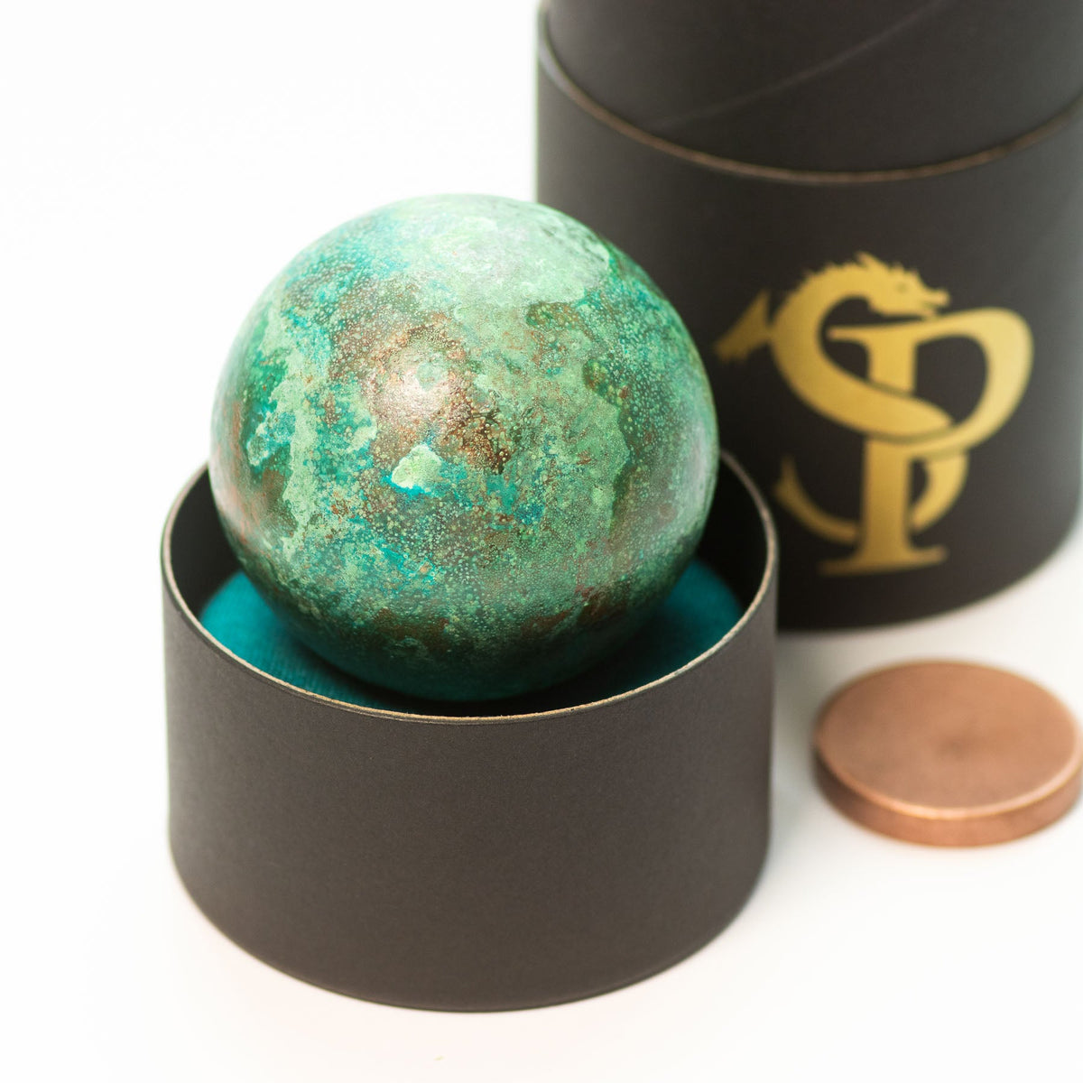 Verdigris Copper Orb with Green Forced Patina - 2.25" Sphere - 1.75 lb