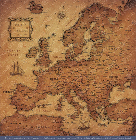 Push Pin Europe Map: Golden Aged (Pins Included)