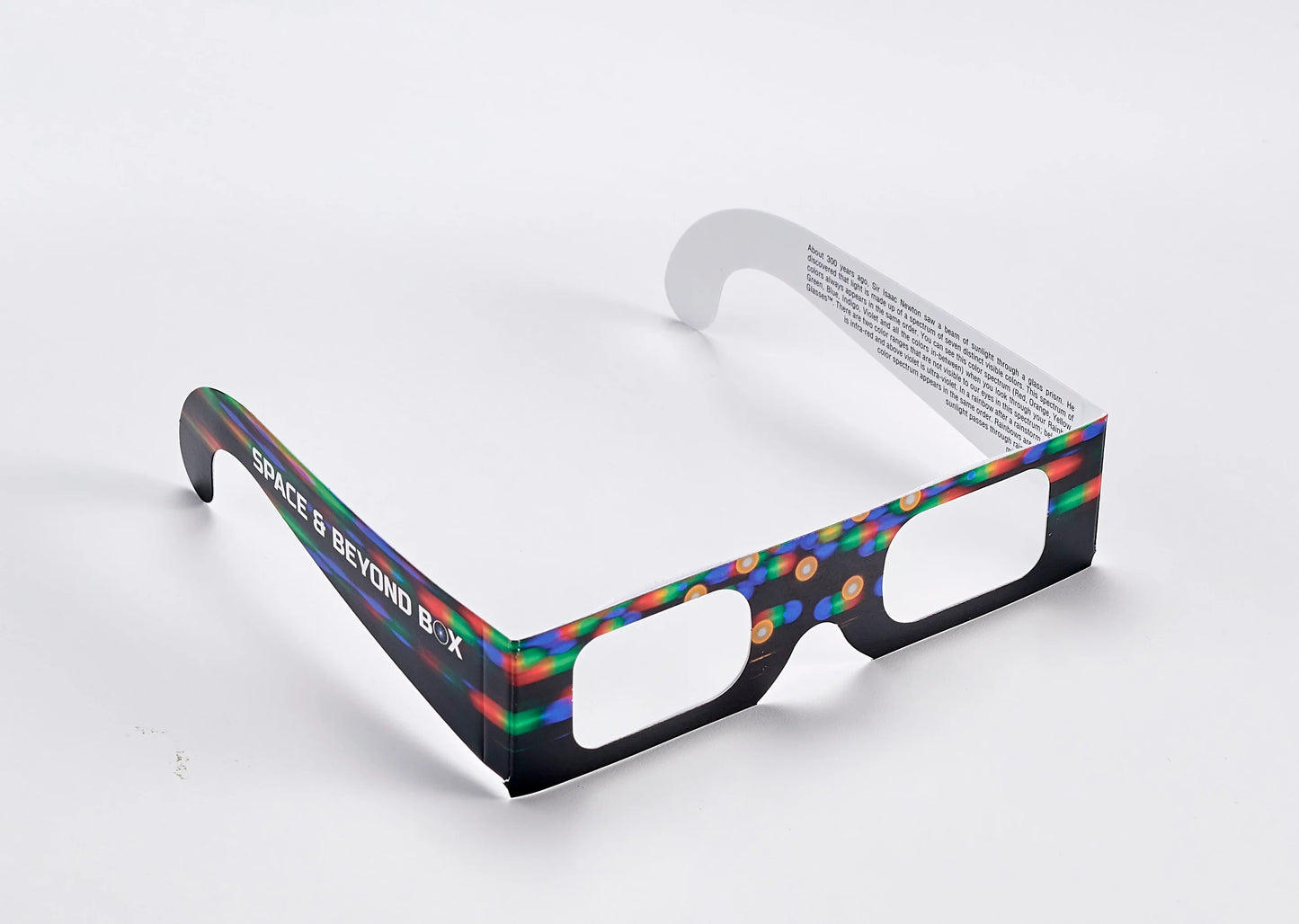 Colorful 3D glasses with text on a white background