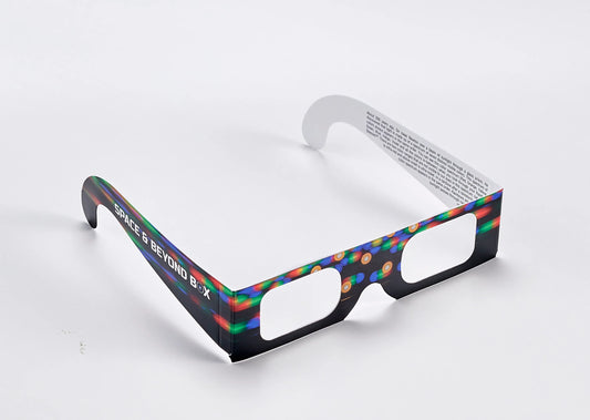 Colorful 3D glasses with text on a white background