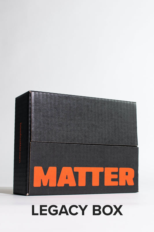 Black box with 'MATTER' in orange and 'LEGACY BOX' in black on a white background
