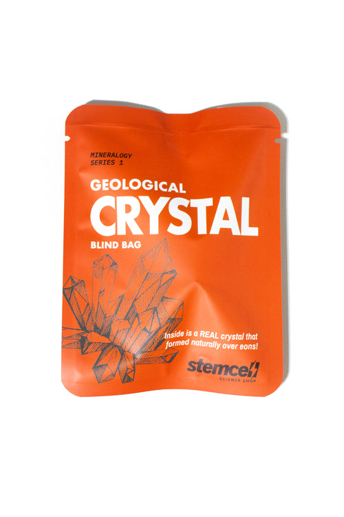 Orange packaging of Geological Crystal Blind Bag with text and stemcell logo.