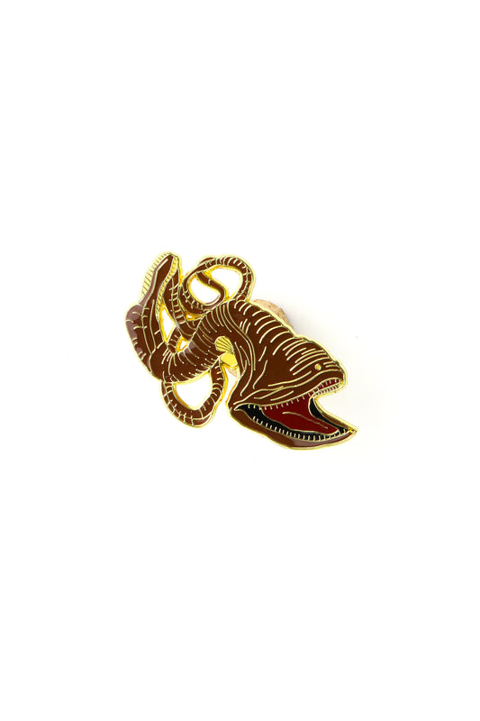 Enamel lapel pin of an anatomically accurate Saccopharynx gulper eel, showing large jaws, elongated body, and deep-sea detail in metal and enamel finish.