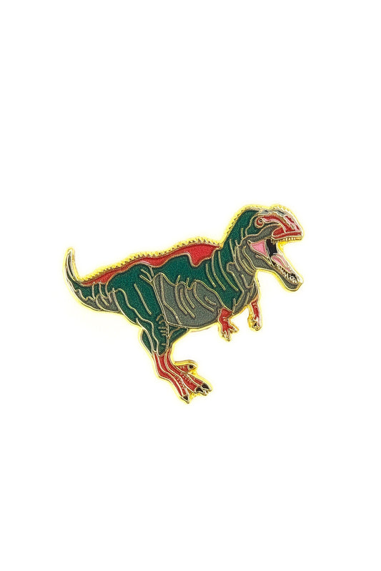 Colorful dinosaur pin on a white background
