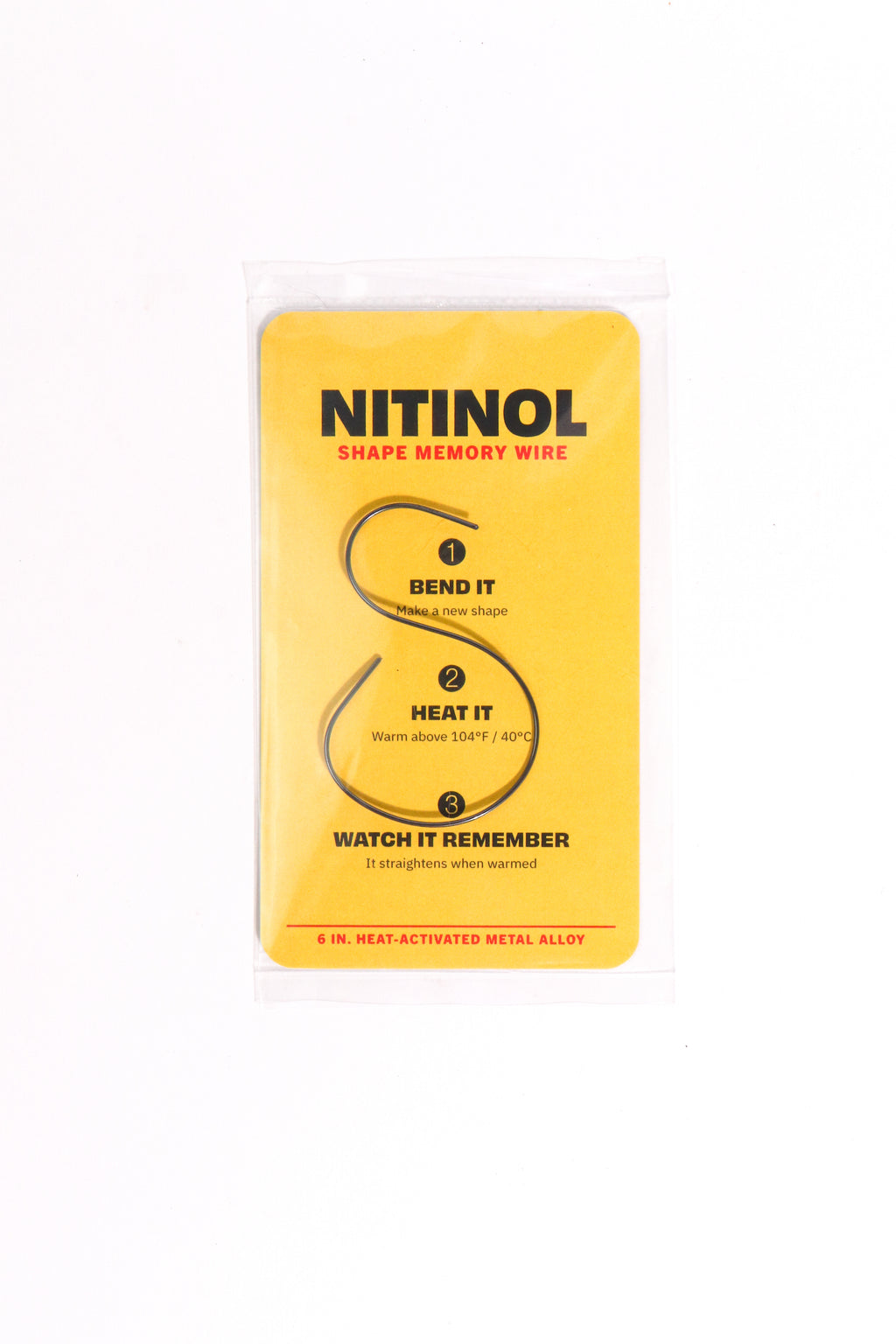 Yellow packaging of Nitinol shape memory wire with text and diagram on a white background