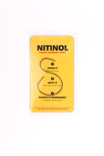 Yellow packaging of Nitinol shape memory wire with text and diagram on a white background