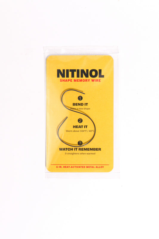 Yellow packaging of Nitinol shape memory wire with text and diagram on a white background