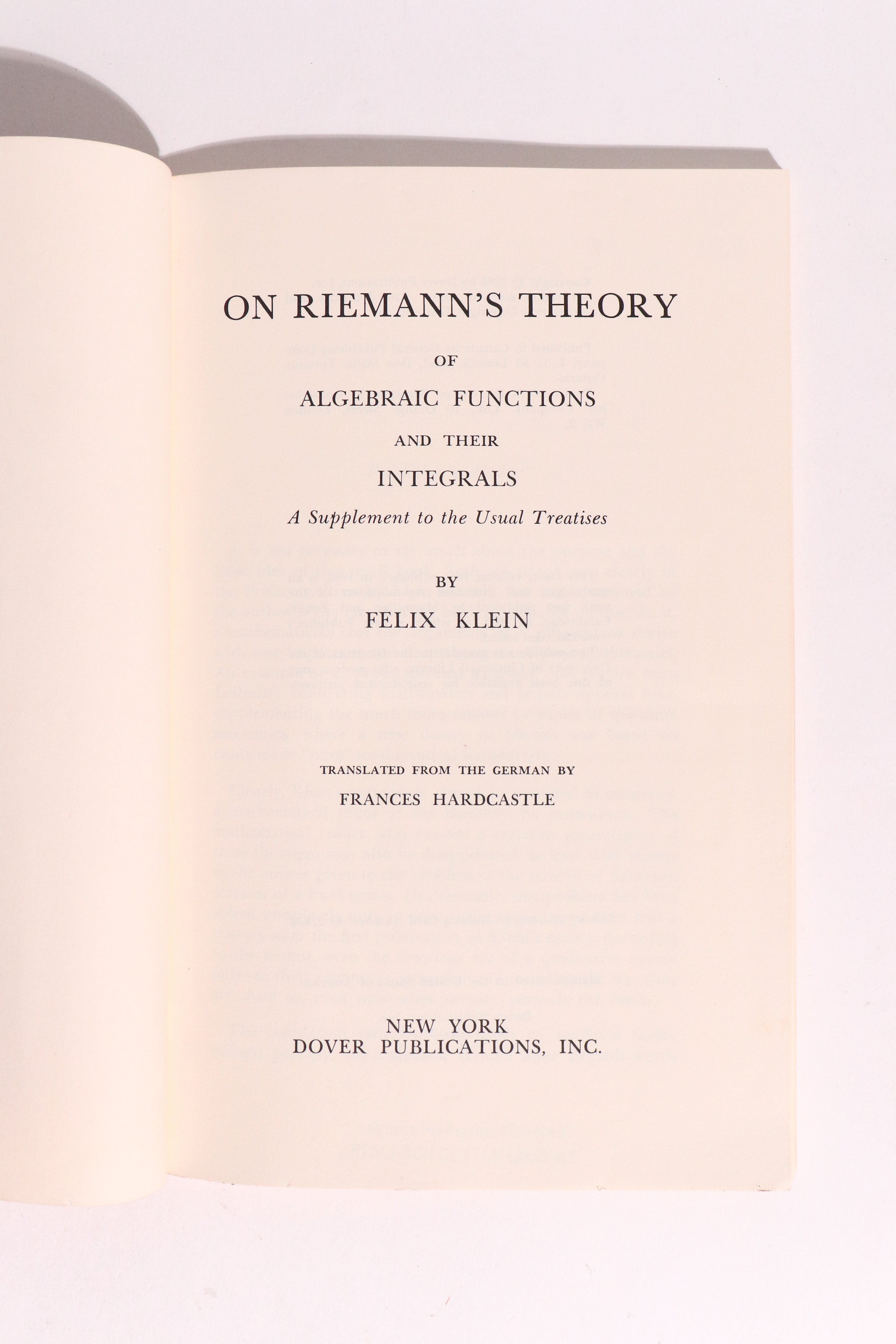 On Riemann's Theory of Algebraic Functions and Their Integrals — Felix Klein