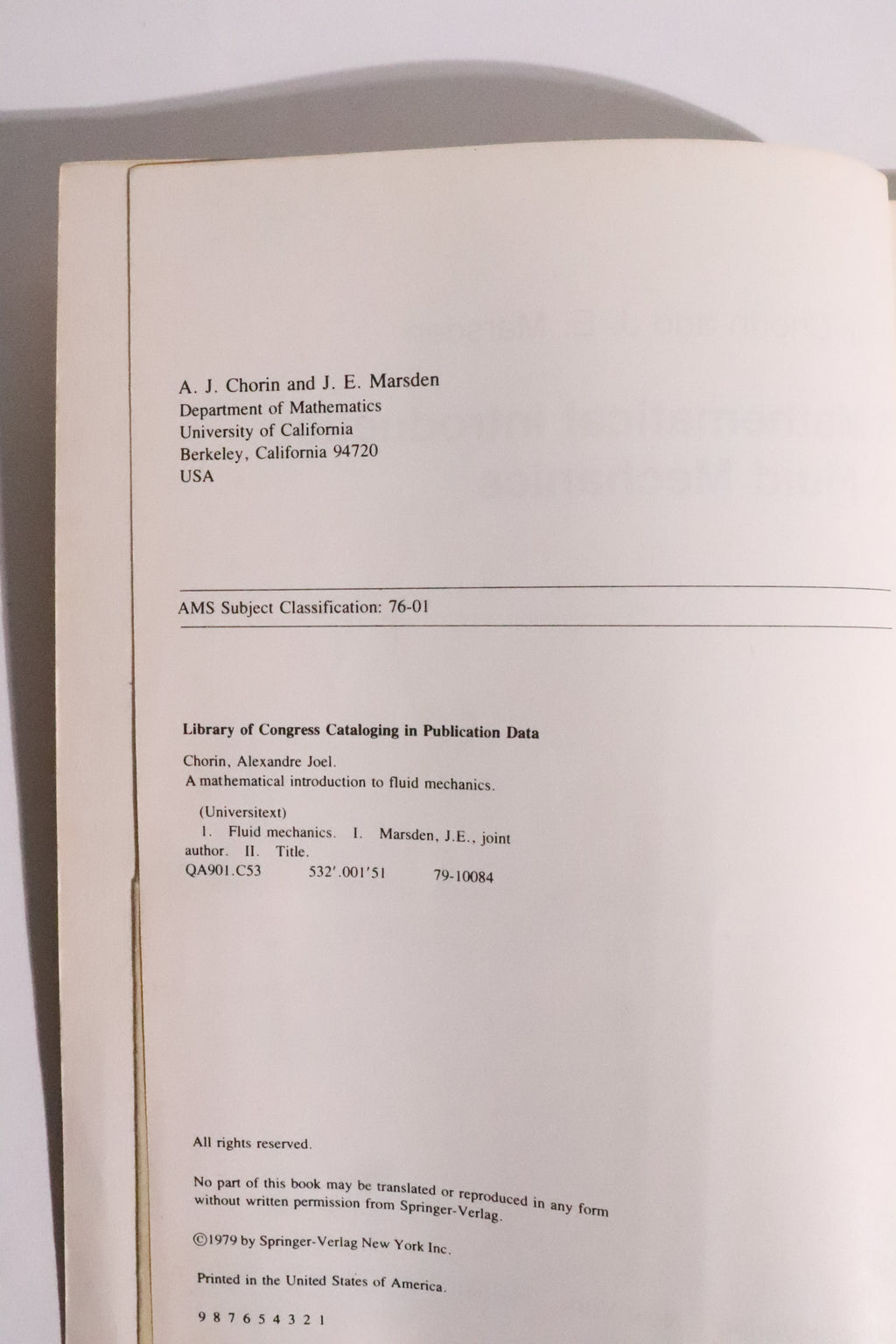 A Mathematical Introduction to Fluid Mechanics — Chorin & Marsden, First Edition, 1979
