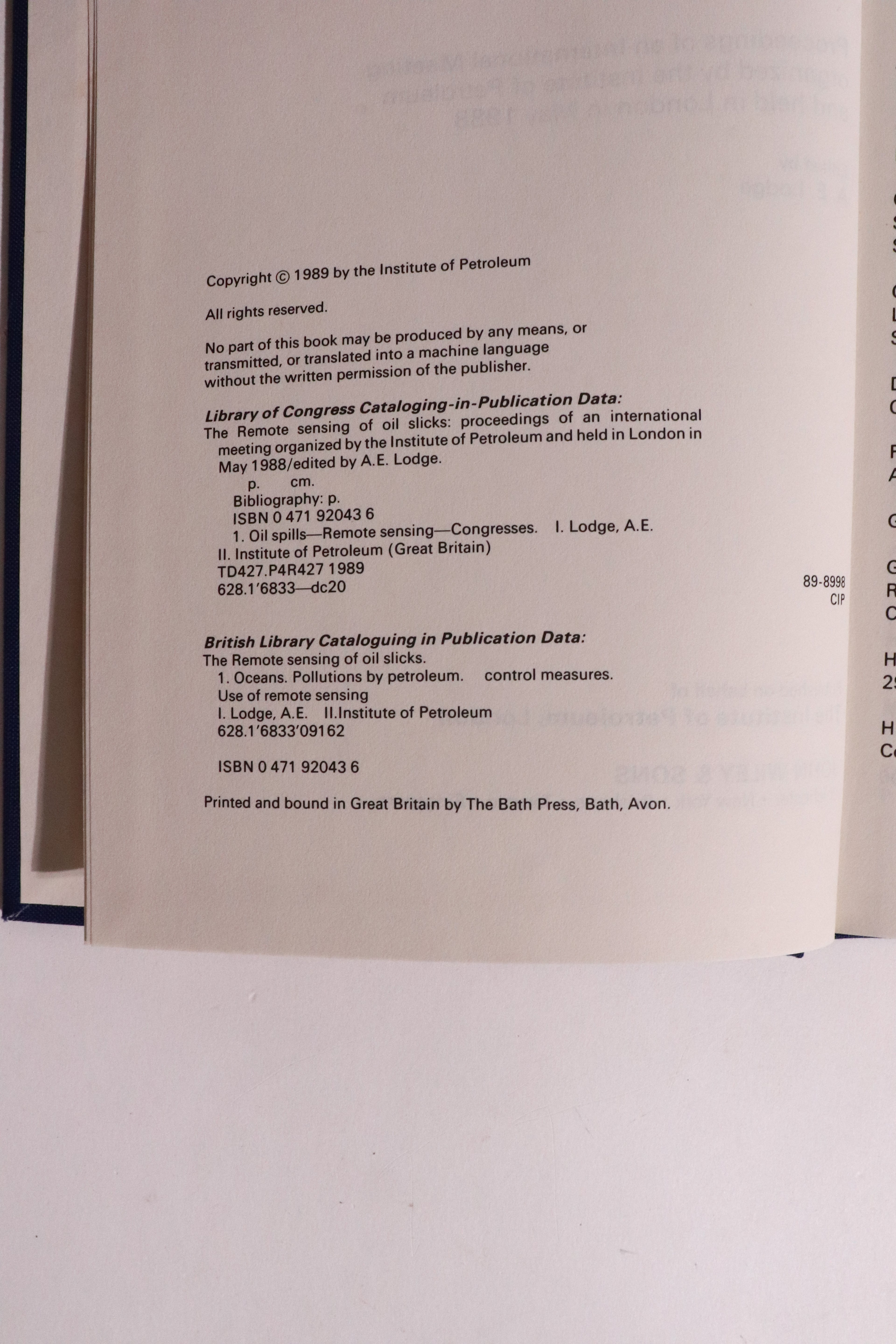 The Remote Sensing of Oil Slicks — 1989
