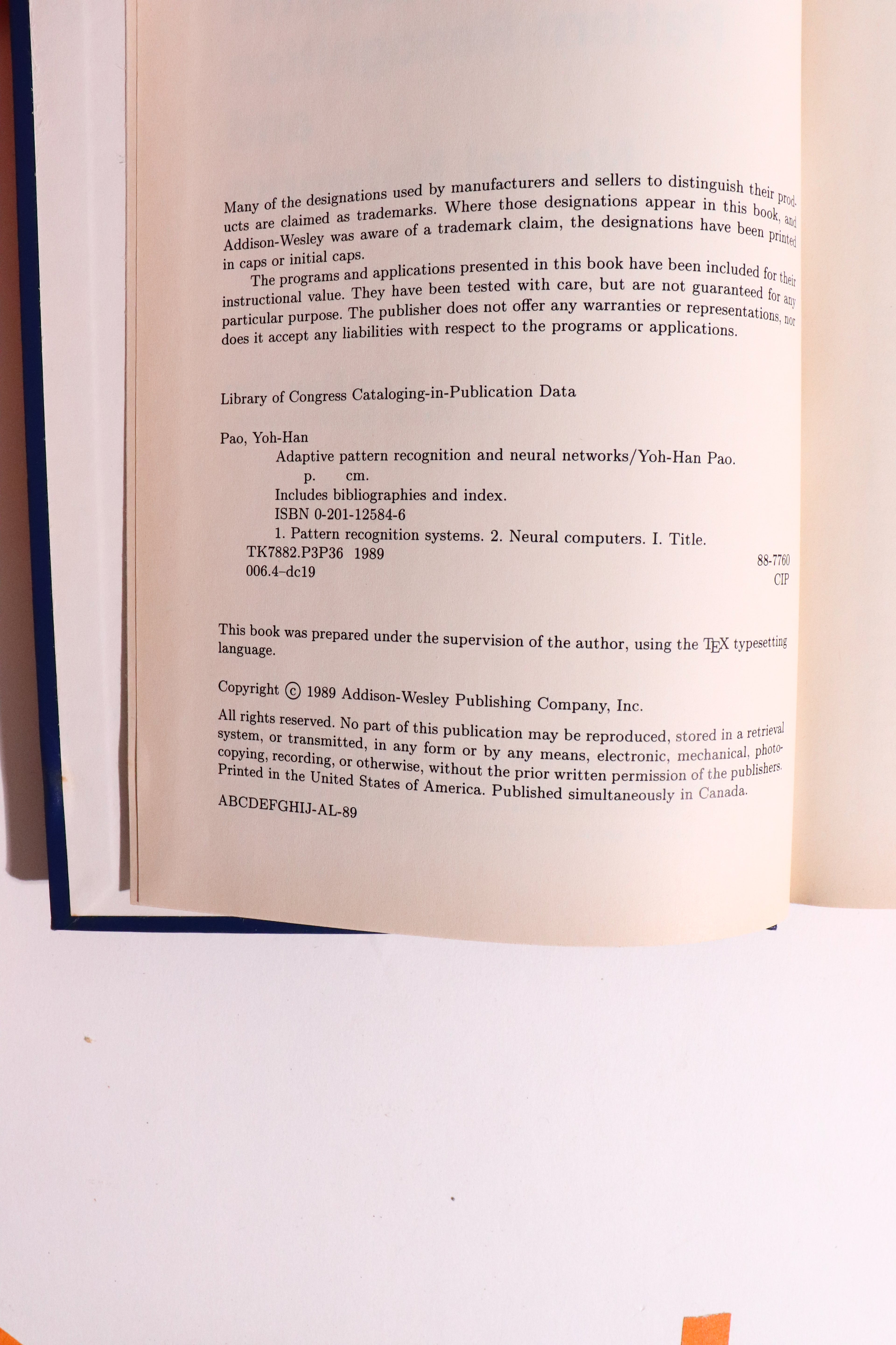 Adaptive Pattern Recognition and Neural Networks — Yoh-Han Pao, 1989 First Edition | Vintage Artificial Intelligence / Machine Learning