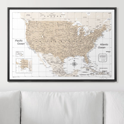 Push Pin USA Map: Light Brown (Pins Included)