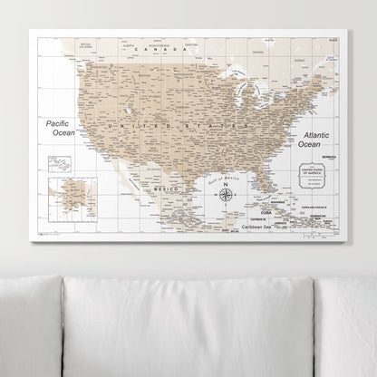 Push Pin USA Map: Light Brown (Pins Included)