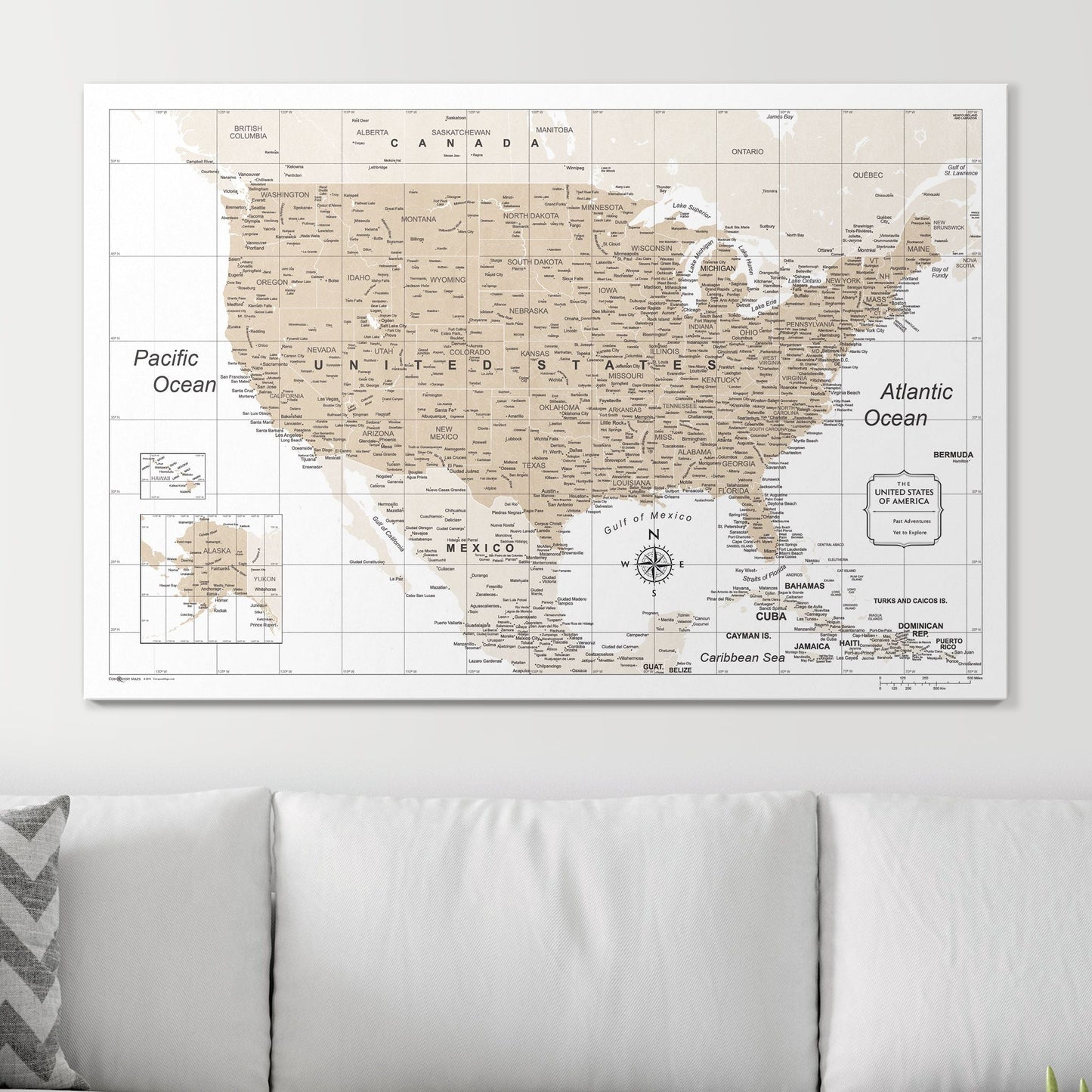 Push Pin USA Map: Light Brown (Pins Included)