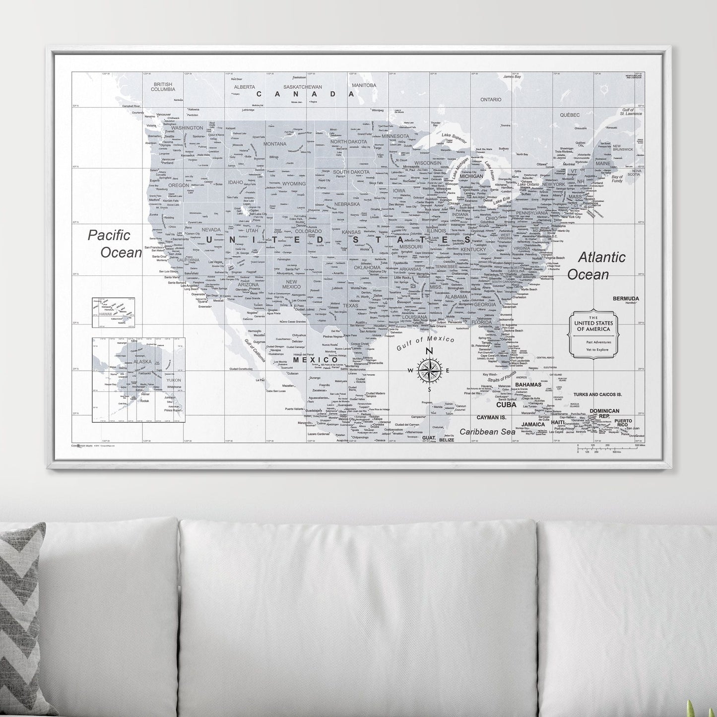 Push Pin USA Map: Light Grey (Pins Included)