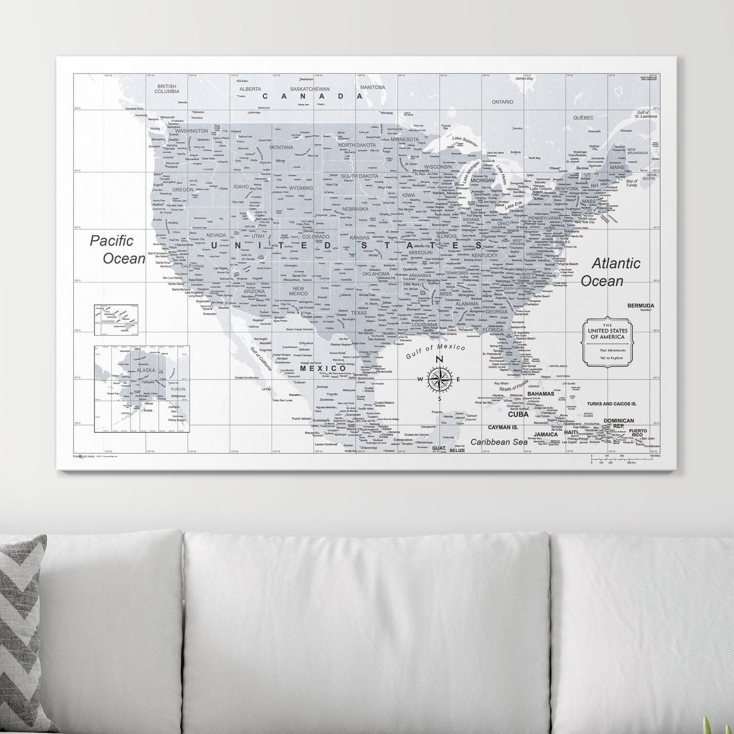 Push Pin USA Map: Light Grey (Pins Included)
