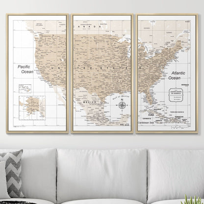 Push Pin USA Map: Light Brown (Pins Included)