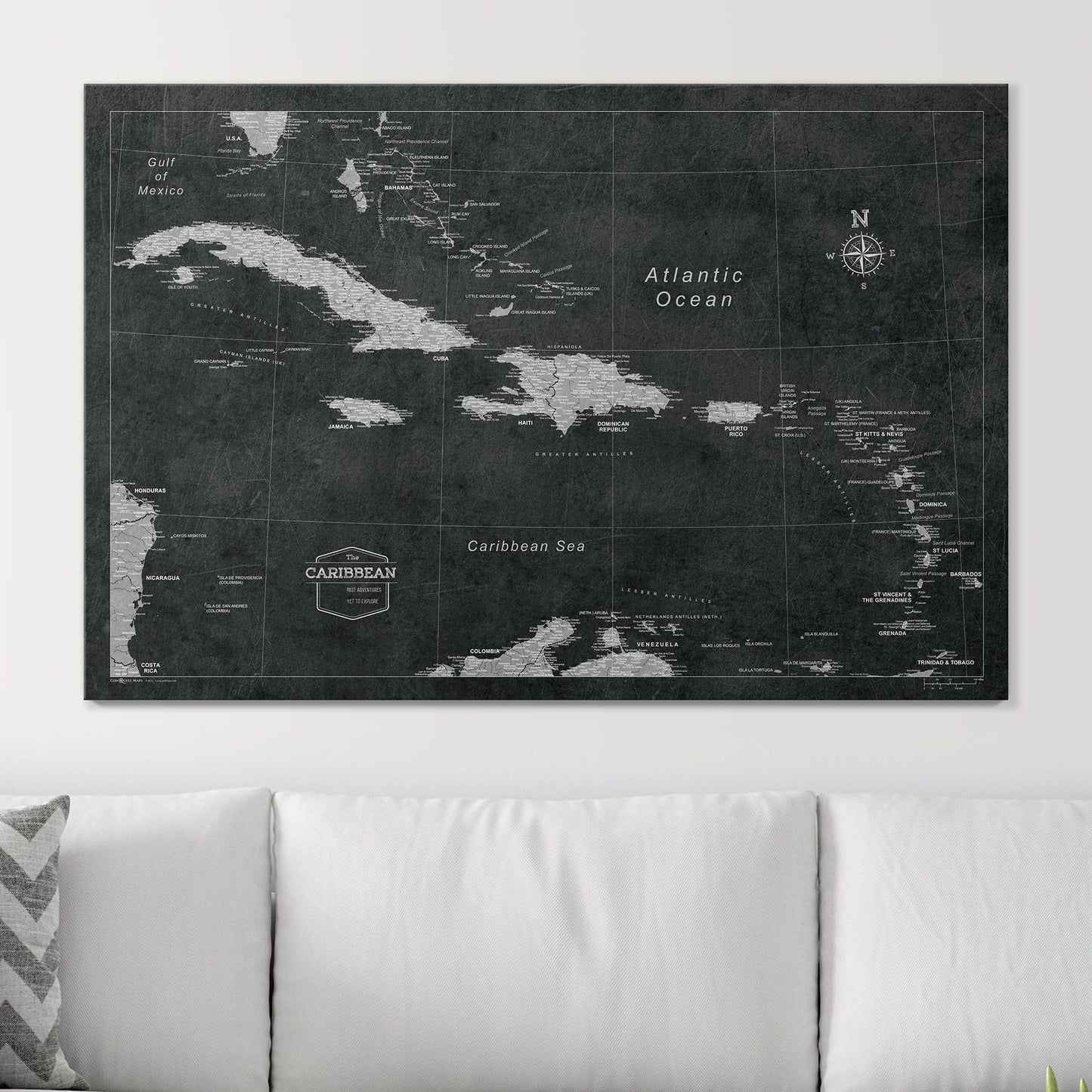 Push Pin Caribbean Map: Modern Slate (Pins Included)