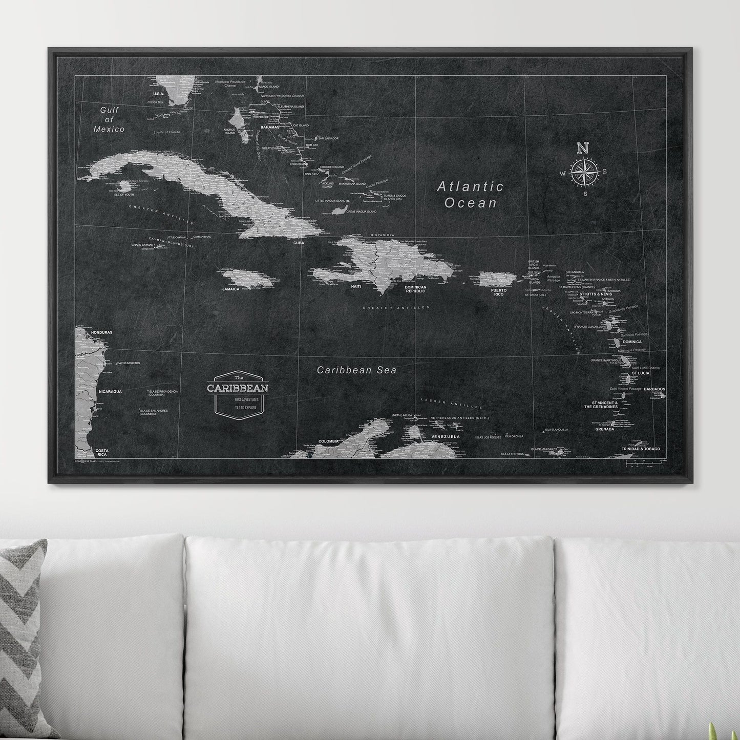 Push Pin Caribbean Map: Modern Slate (Pins Included)