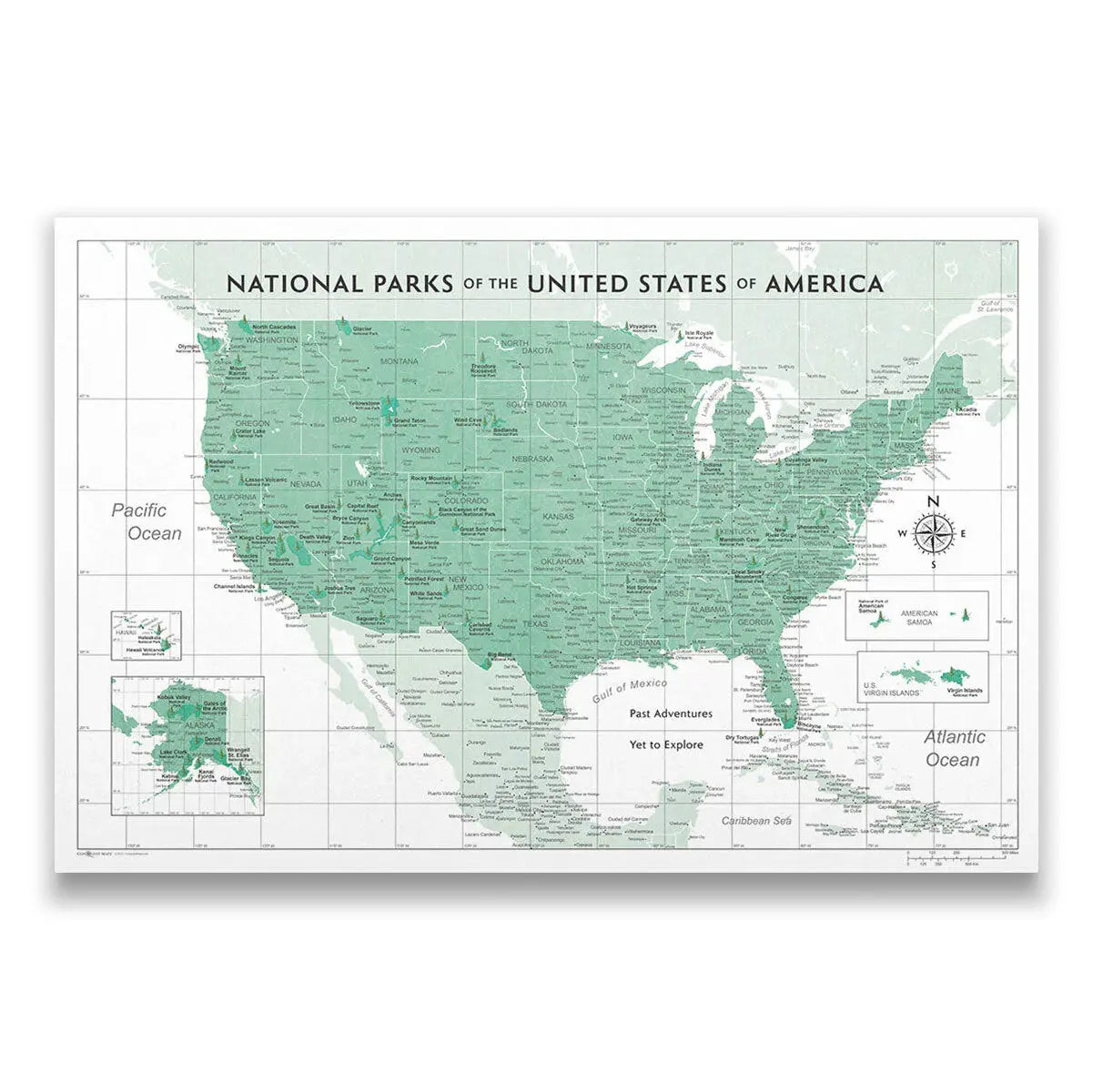 Push Pin National Parks Map: Green (Pins Included)