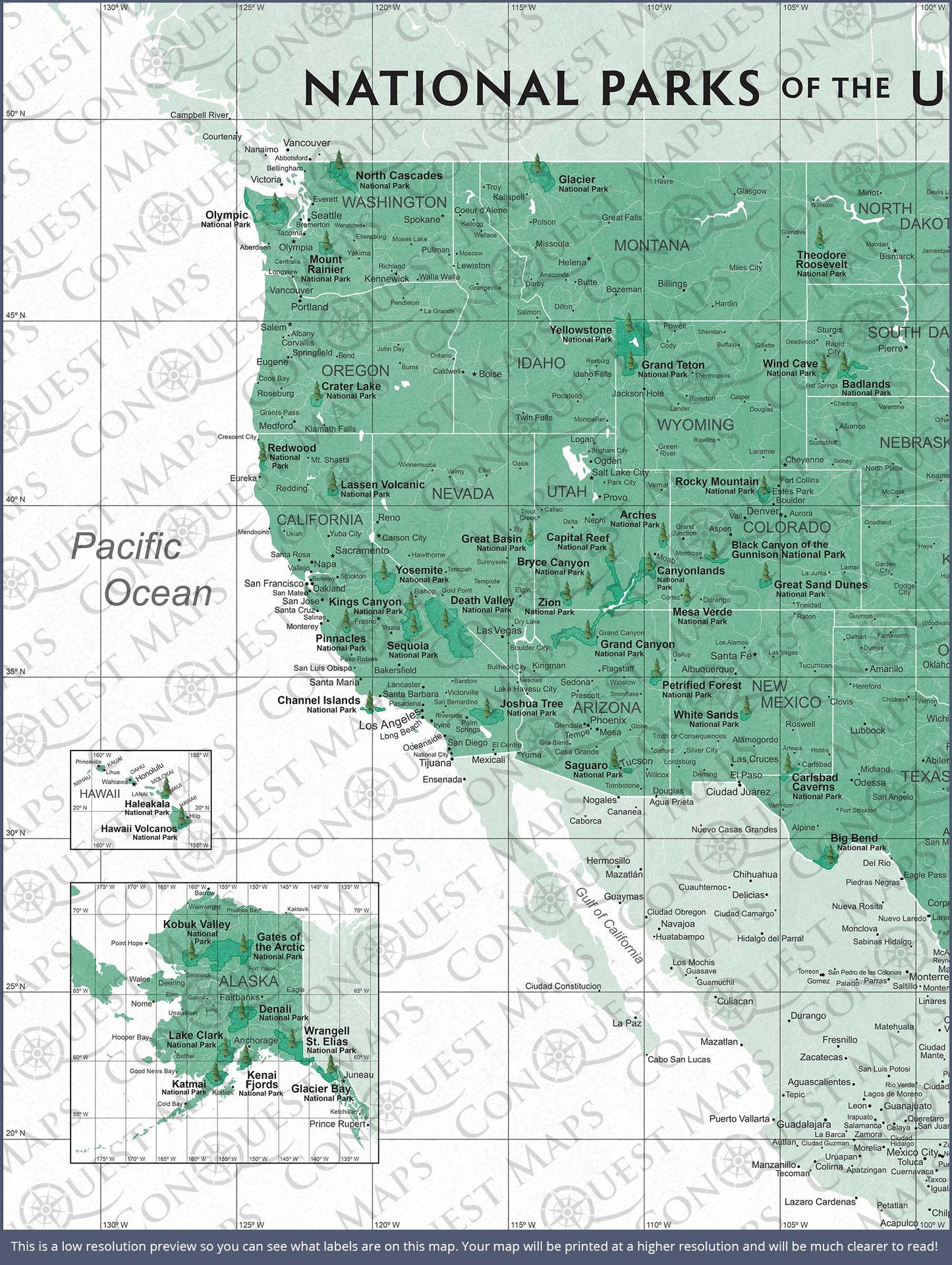 Push Pin National Parks Map: Green (Pins Included)