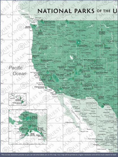 Push Pin National Parks Map: Green (Pins Included)