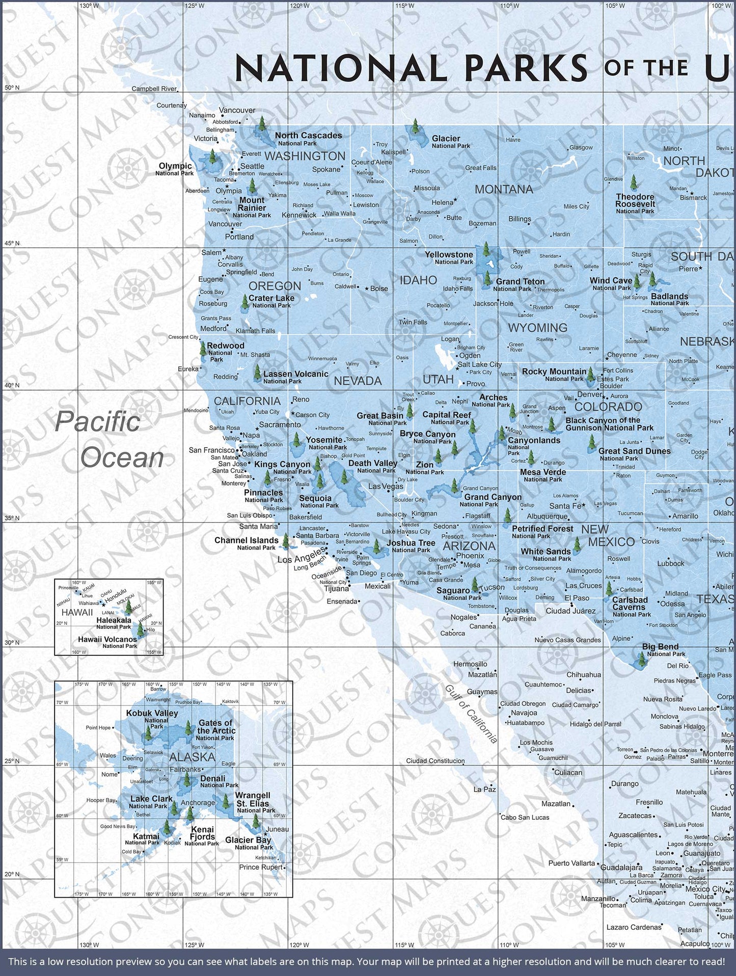 Push Pin National Parks Map: Light Blue (Pins Included)