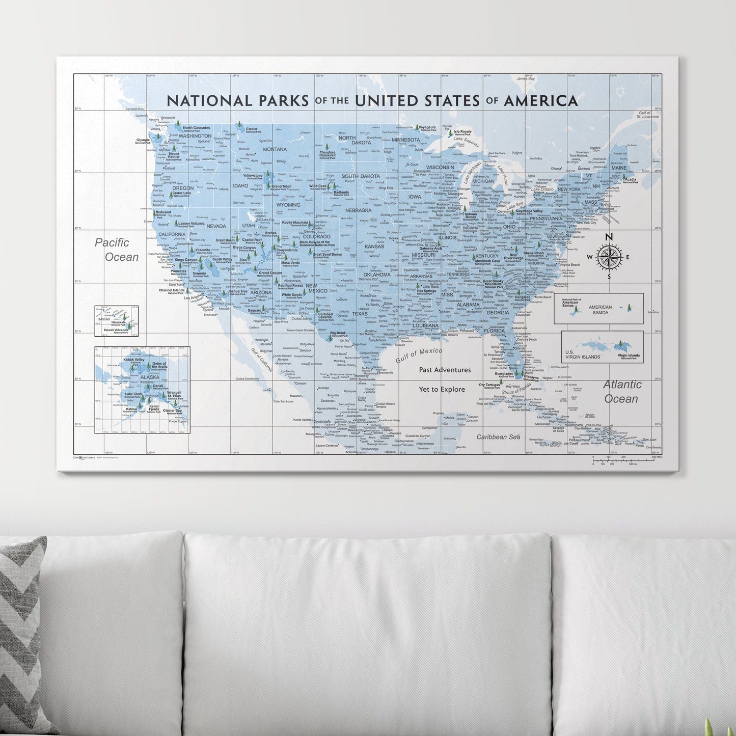 Push Pin National Parks Map: Light Blue (Pins Included)