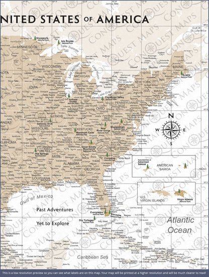 Push Pin National Parks Map: Light Brown (Pins Included)