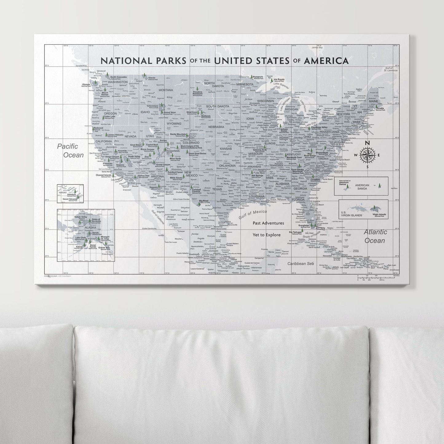 Push Pin National Parks Map: Light Grey (Pins Included)