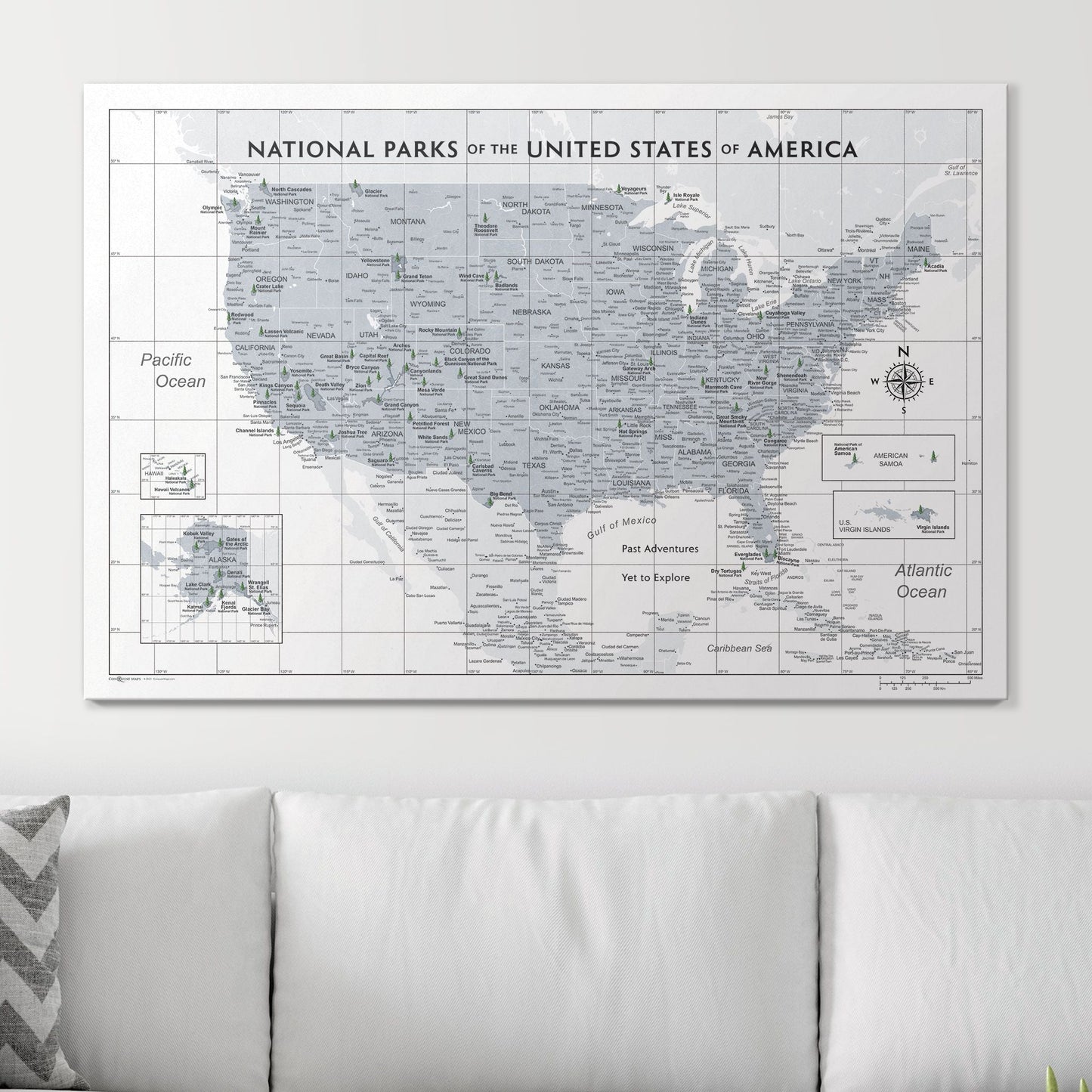 Push Pin National Parks Map: Light Grey (Pins Included)