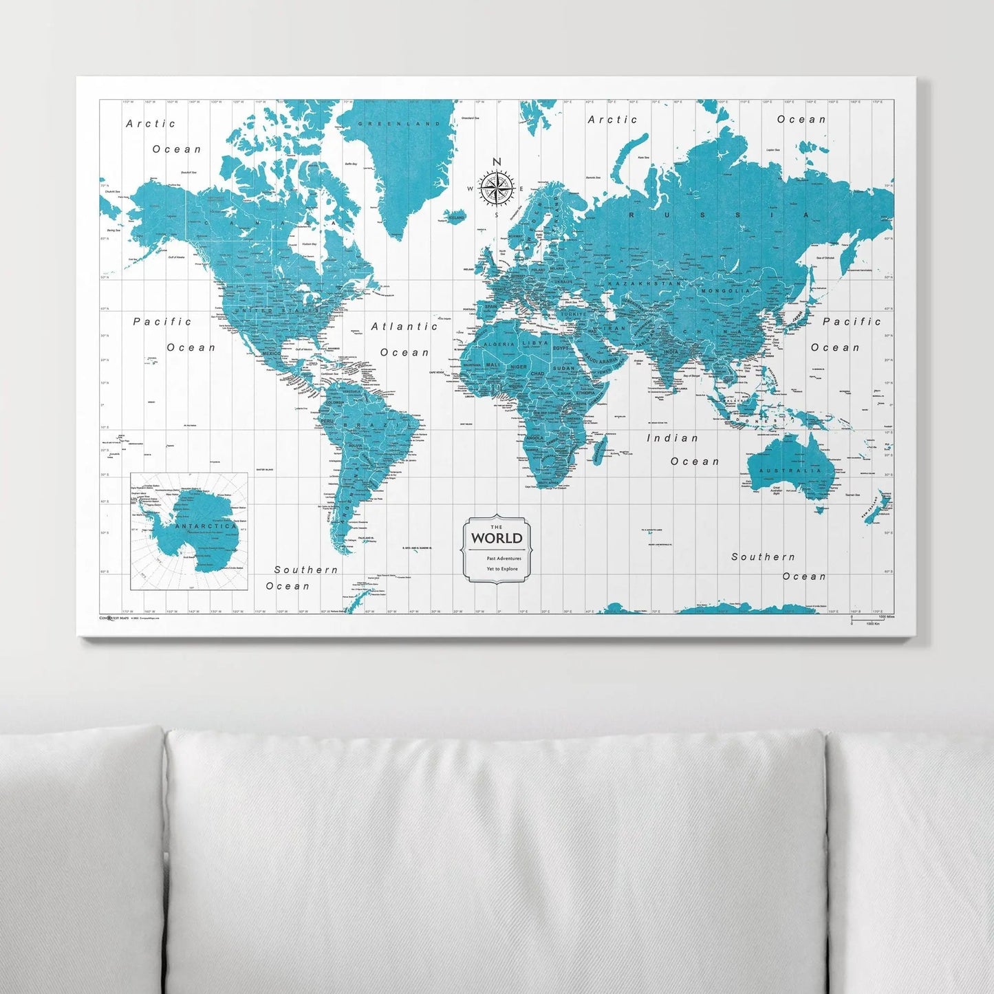 Push Pin World Map: Teal (Pins Included)