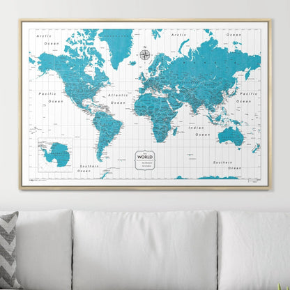 Push Pin World Map: Teal (Pins Included)
