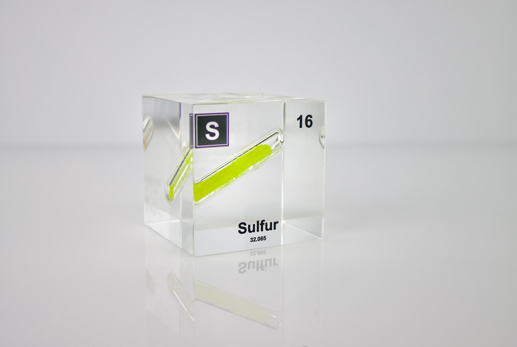 Sulfur Element Cube - 2" Acrylic Display - Atomic Number 16