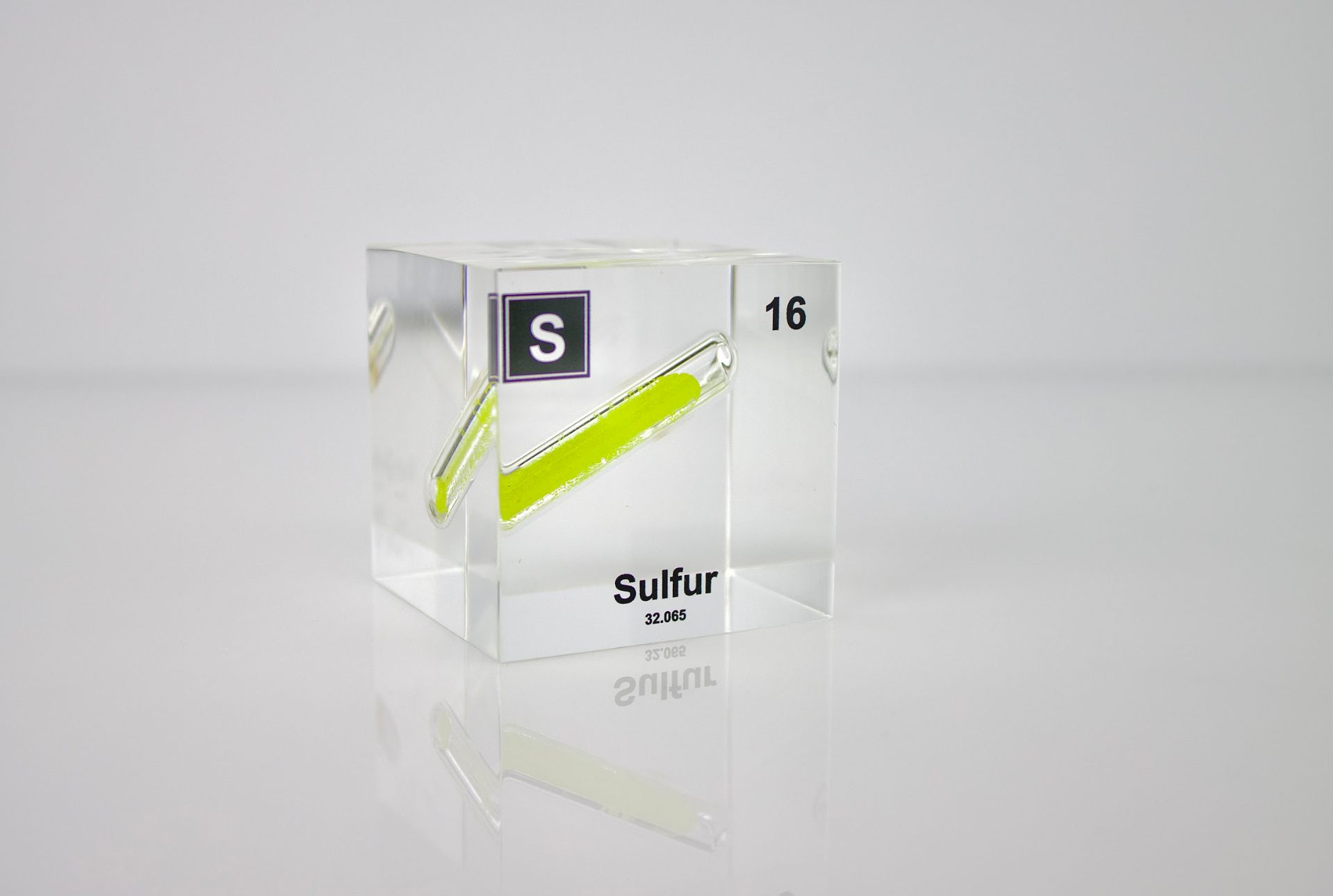 Sulfur Element Cube - 2" Acrylic Display - Atomic Number 16