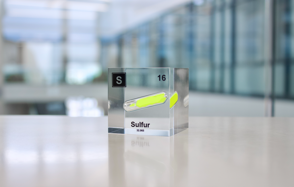 Sulfur Element Cube - 2" Acrylic Display - Atomic Number 16