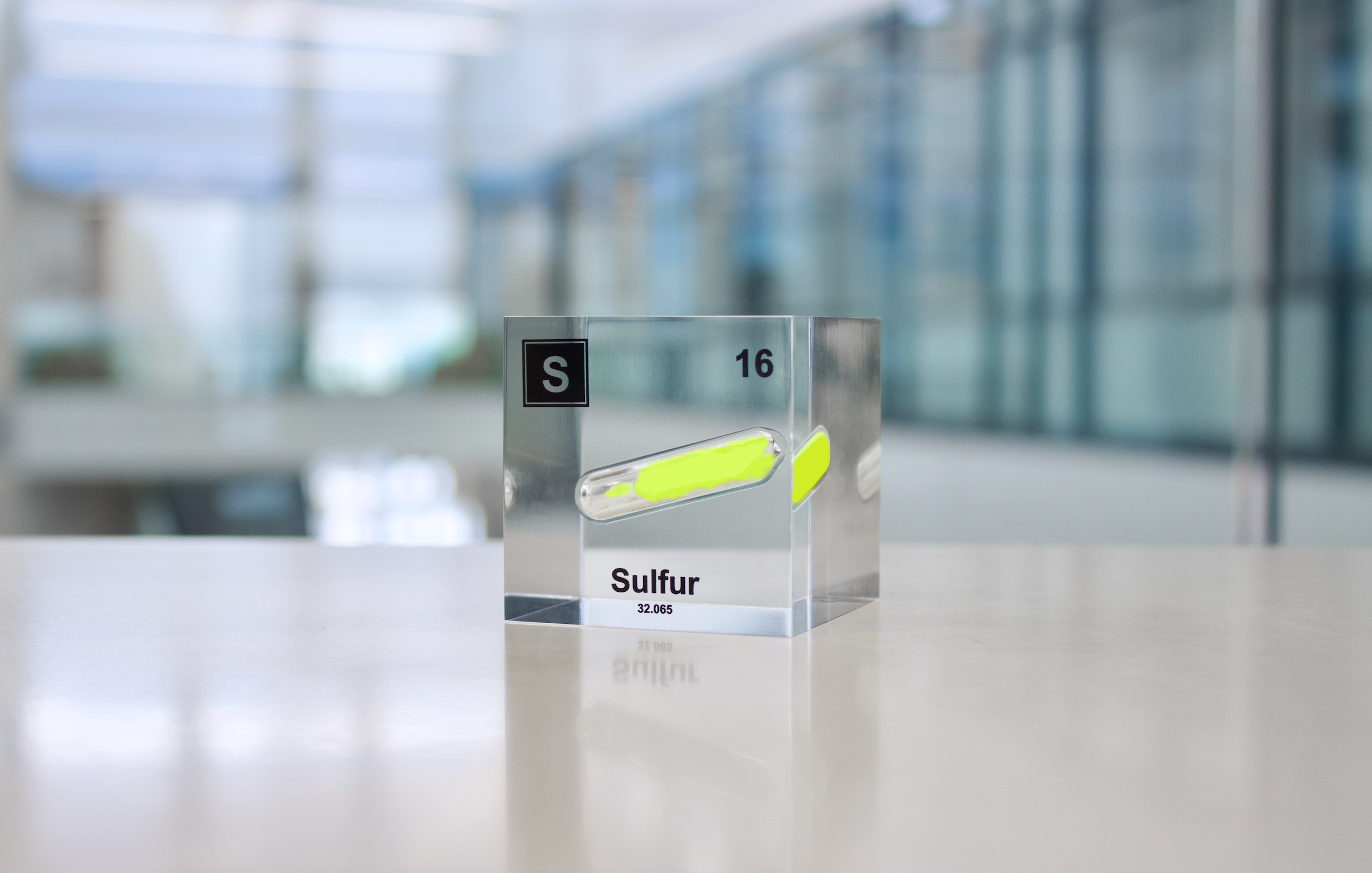 Sulfur Element Cube - 2" Acrylic Display - Atomic Number 16