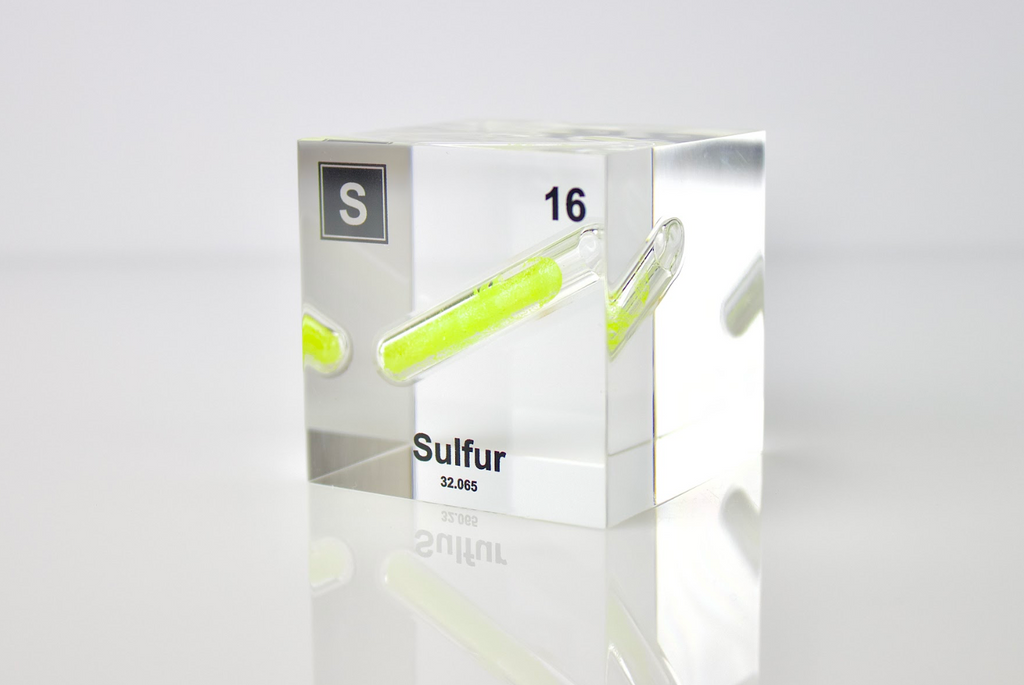 Sulfur Element Cube - 2" Acrylic Display - Atomic Number 16